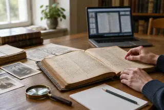 Recherche généalogique dans un ancien registre français sur un bureau, avec une loupe, des notes et un ordinateur d’archives.