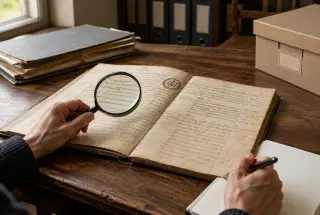 Mains d’un généalogiste examinant un ancien acte d’état civil français avec une loupe sur un bureau d’archives.